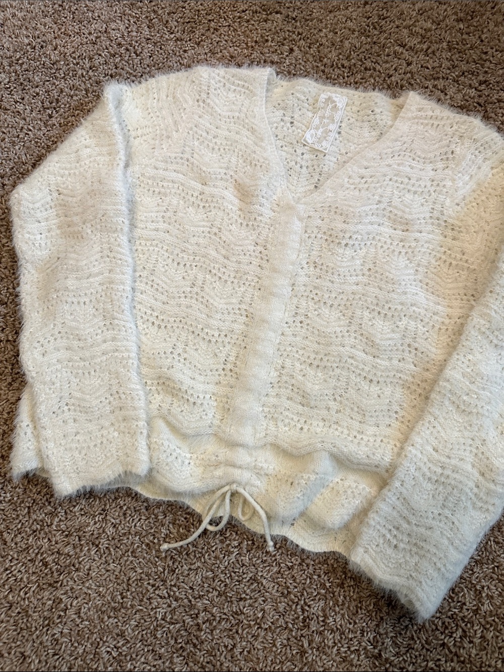 Cream V-Neck Drawstring Cinch Front Ruched scalloped pointelle dainty Sweater